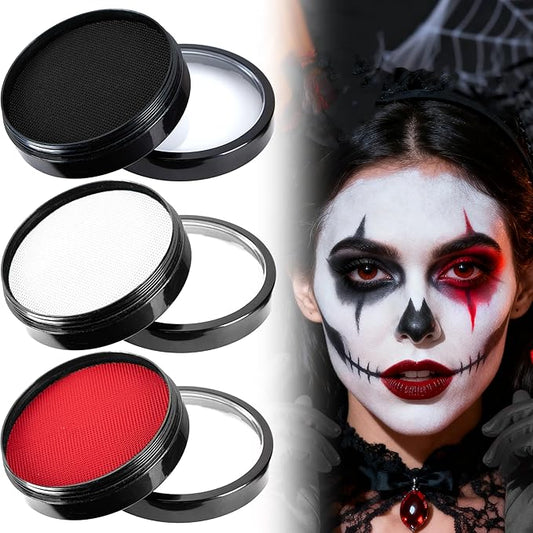 Spooktacular Creations 3PCS Halloween Makeup Face Body Paint Waterproof Foundation Cream Cake Tub, Halloween Party Cosplay Clown Sfx Costume Dress Up Makeup for Adult(1 Oz Each, White, Black, Red)