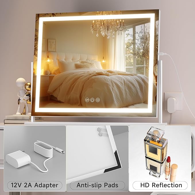 Hasipu Vanity Mirror with Lights, 23.6" x 18.1" LED Makeup Mirror, Light up Mirror with Smart Touch 3 Colors Dimmable, Brightness Adjustment, 360° Rotation (White)