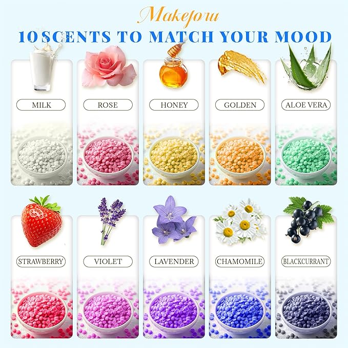 Hair Removal Wax Beads 2.2lb (1000g), Waxing for Whole Body, Painless Hair Removal Waxing for Women and Men, 10 Flavours, Contains 20 Wax Sticks