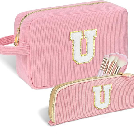 Personalized Initial Makeup Bag Trendy Stuff Corduroy Cosmetic Bag Travel Toiletry Bag, Valentine’s Day Gift Makeup Organizer Case & Makeup Pouch for Women teen Girls Mom Girlfriend Wife