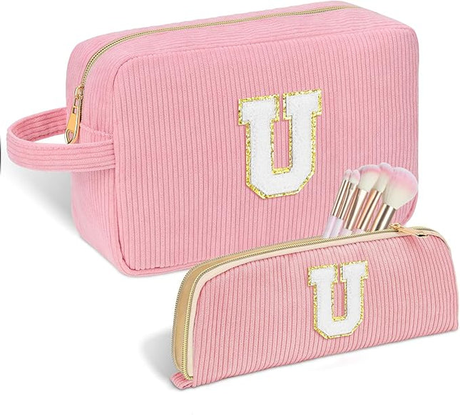 Personalized Initial Makeup Bag Trendy Stuff Corduroy Cosmetic Bag Travel Toiletry Bag, Valentine’s Day Gift Makeup Organizer Case & Makeup Pouch for Women teen Girls Mom Girlfriend Wife