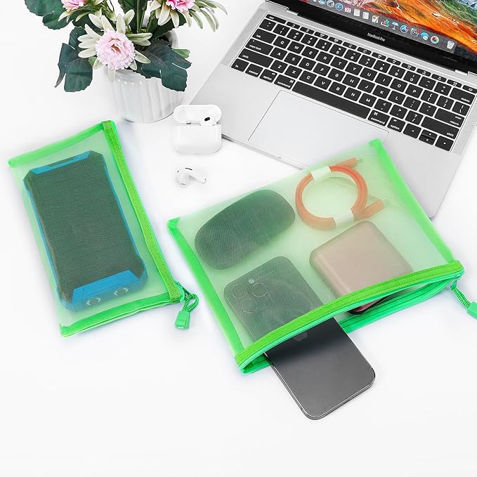 12 Pieces Zipper Nylon Mesh Pouch, Mesh Cosmetic Bags Makeup Bags Pencil Case, Multipurpose Travel Bags for Cosmetic School Office Supplies and Travel Accessories (Green, A5)