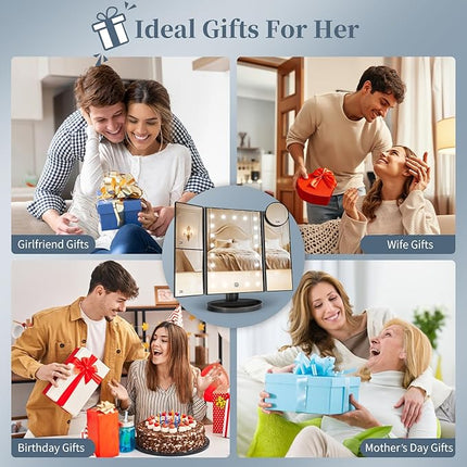 HUONUL Makeup Mirror, Vanity Mirror with Lights, 2X/3X/10X Magnification, Touch Control, Trifold, Dual Power Supply, Valentines Day Gifts for Her,Gifts for Women, Wife, Mom, Girls,Dorm Room Essentials