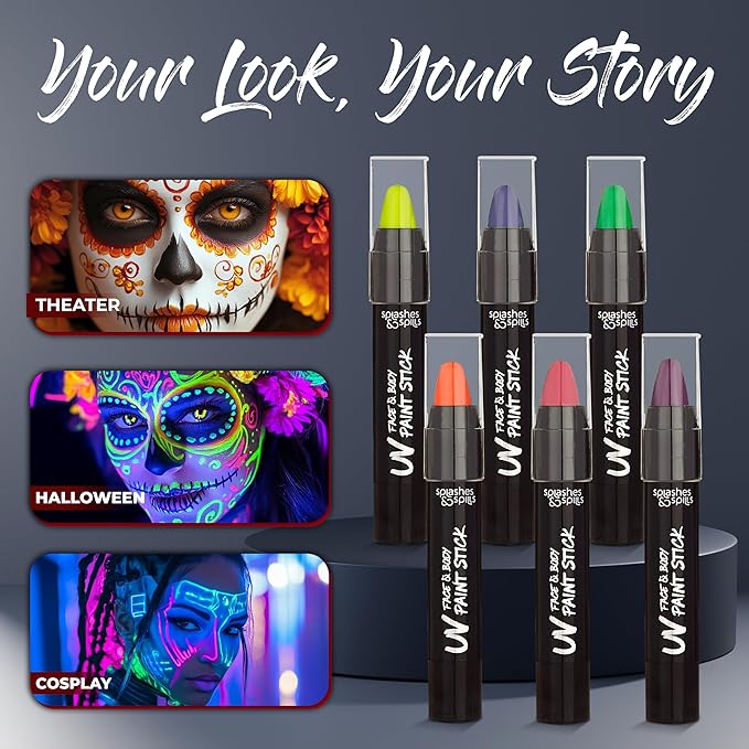 Splashes & Spills UV Face and Body Paint Sticks - UV Body Paint, UV Face Paint for Costume, Cosplay, Theater, Club - Glows Under UV Light - Black Light Paint For All Skin Types (6 Colors)
