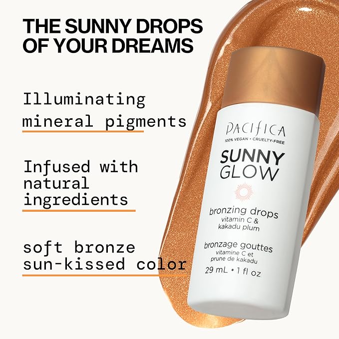 Pacifica Sunny Glow Liquid Face Bronzer Drops - Face Makeup Bronzing For Face & Cheeks for Instant Sun-Kissed Glow - Vitamin C & Glycolic Acid Infused Liquid Bronzer Illuminating Highlighting Clean
