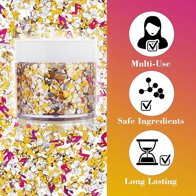 Gold Silver Glitter Gel,Holographic Chunky Singer Concert Body Glitter Rave Music Festival Accessories,Mardi Gras Sequins for Body Hair,Carnival Decorations Face Paint Makeup for Women Kids