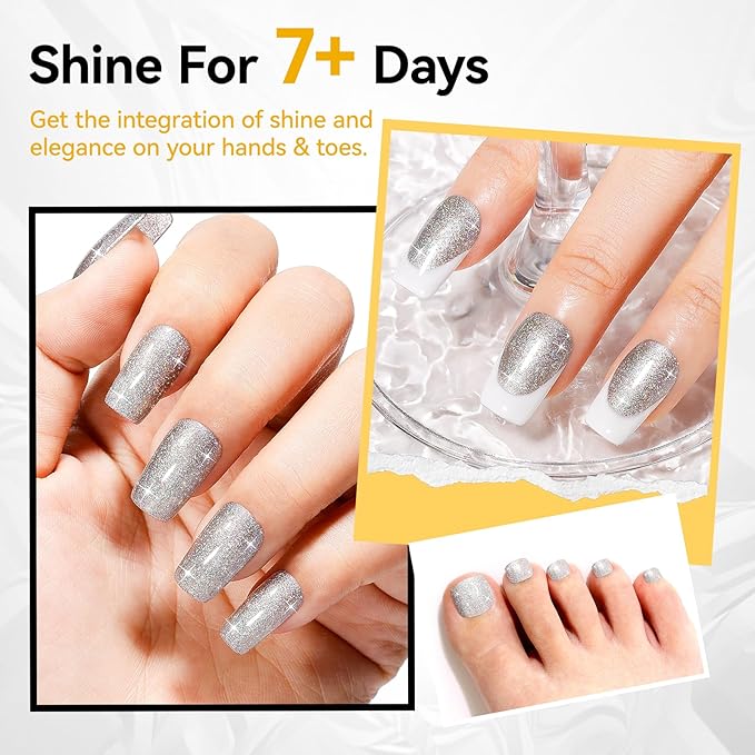Silver Sparkle Nail Polish Oil-Based Glitter Rainbow Sparkly Regular Nail Polish Fast Air Dry Nail Lacquer Vegan Toe Fingernail Polish Nails Art DIY Home Travel Manicure Gift for Girls Women