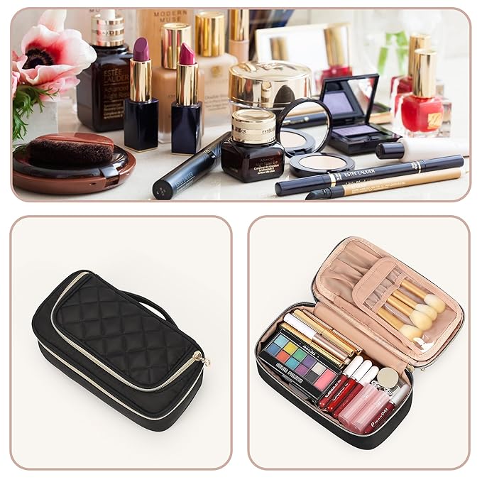 OCHEAL Small Makeup Bag with Zipper Pouch,Portable Cute Travel Makeup Bag Pouch for Women Girls Makeup Brush Organizer Cosmetics Bags with Compartment-Nylon Black