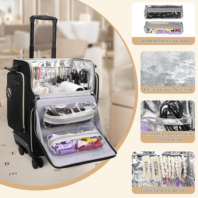 OCHEAL Hairstylist Traveling Case - 360° Rotatable Wheels, Heat Insulation Cosmetic Makeup Trolley Train Case for Hairstylists Hairdressers, Detachable Pouch, Hairdressing Tool Organizer