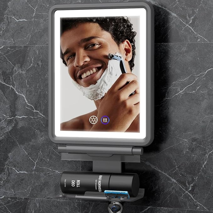 Heated Shower Mirror Fogless for Shaving, 3 Colors Stepless Dimmable Lights Fogless Mirror for Shower, Rechargeable Anti Fog Shaving Mirror with Razor Holder for Men, Light Memory Function, Gray