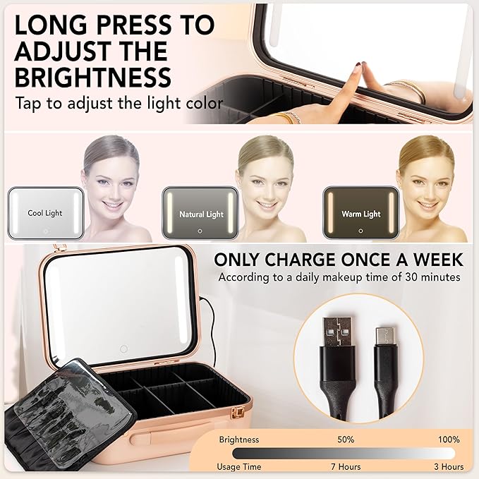 Lighted Makeup Case with Mirror - Large Size 13.4" x 10.2" - Travel Makeup Case With Mirror - Rechargeable LED Travel Vanity Case with Adjustable Brightness - Train Case Makeup Bag - Pink