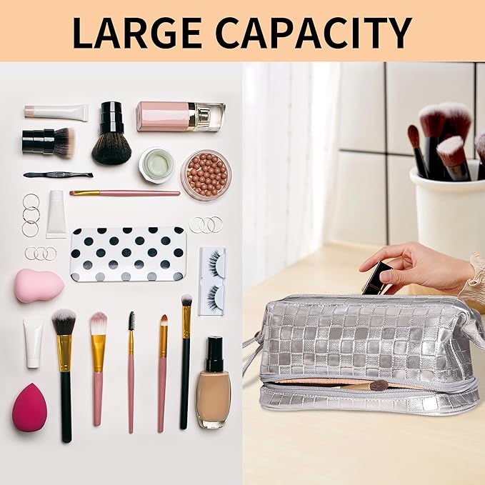 Abiudeng Large Capacity Makeup Bag Ladies Cosmetic Bag Travel Bag with Compartments Portable PU Leather Travel Makeup Bag with Handle