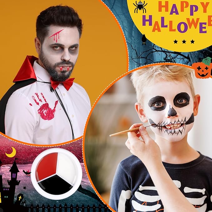 16 Pcs Halloween Face Paint Kit Red White Black Face Paint Kit with Glitter Makeup Brush Sponges for Halloween Cosplay Party Supplies
