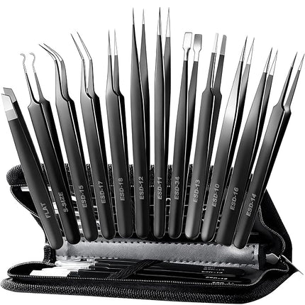 Antonki 12 Pack Precision Tweezers Set for Craft, Soldering, Jewelry, Facial Hair, Eyebrow, Ingrown Hair Removal, Eyelash Extension- with Case