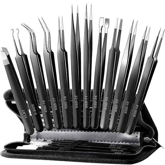 Antonki 12 Pack Precision Tweezers Set for Craft, Soldering, Jewelry, Facial Hair, Eyebrow, Ingrown Hair Removal, Eyelash Extension- with Case