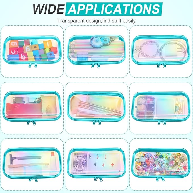 Hoolerry 4 Pcs Hard Clear Zipper Case Makeup Bags Plastic Pencil Pouch Transparent Storage Box Containers for Cosmetics, Snacks, Building Blocks, Puzzles(Blue Laser,7.5 x 3.9 x 2 in)