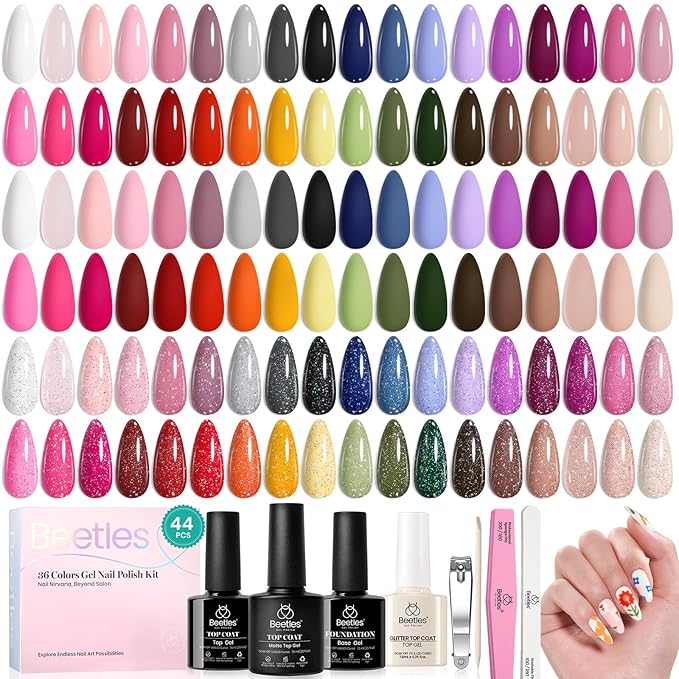 beetles Gel Polish 44pcs Fall Gel Nail Polish Set 36 Colors Brown Burgundy Red Blue Purple Orange Green Black Nude White with Base Coat Glossy Matte Glitter Top Coat Gifts for Women Colorful Muse