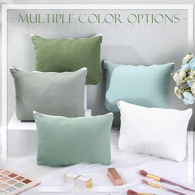 Reginary 10 Pcs Canvas Makeup Bags Bulk for Women Blank DIY Pencil Pouch Travel Toiletry Cosmetics Bags Gift for Christmas Breast Cancer Awareness Thanksgiving Wedding Nurses Teacher(Green)