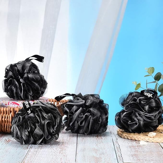 Yoget Bath Loofah Sponge, 4 Pack Black 60G Shower Mesh Ball Soft Pouf Body Scrubber, Exfoliate, Cleanse, Soothe Skin, Black Loofah with White Trim