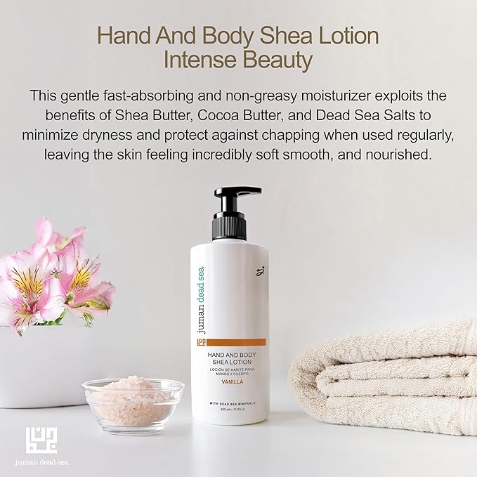 JUMAN Dead Sea Minerals Fast Absorbing & Non-Greasy Body Lotion | Vanilla | Intense Beauty Dry Skin Moisturizer | Hydrating Moisturizer with Shea and Cocoa Butter & Sweet Almond Oil | Vegan | 11.8 OZ