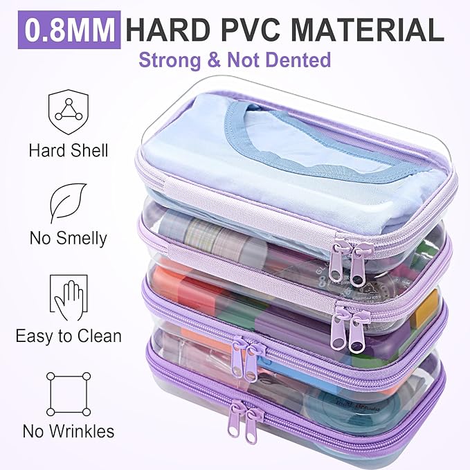Hoolerry 4 Pcs Hard Clear Zipper Case Makeup Bags Plastic Pencil Pouch Transparent Storage Box Containers for Cosmetics, Snacks, Building Blocks, Puzzles(Purple,7.5 x 3.9 x 2 in)