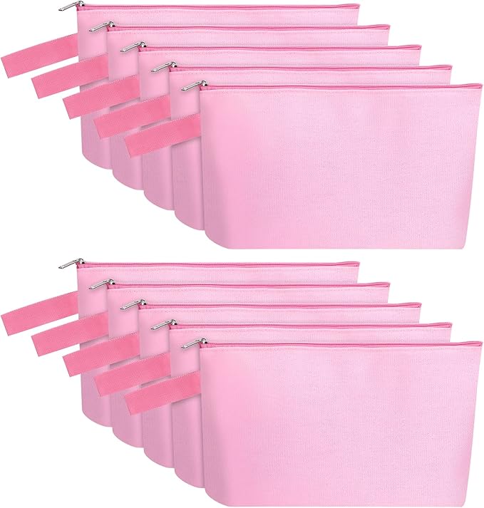 10 Pieces Cotton Canvas Makeup Bag with Bottom and Strap, Multi-Purpose Cosmetic Bag with Zipper Travel Toiletry Pouch, Blank DIY Craft Bag (Pink, S)