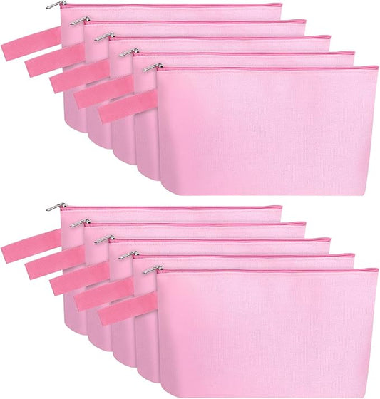 10 Pieces Cotton Canvas Makeup Bag with Bottom and Strap, Multi-Purpose Cosmetic Bag with Zipper Travel Toiletry Pouch, Blank DIY Craft Bag (Pink, S)