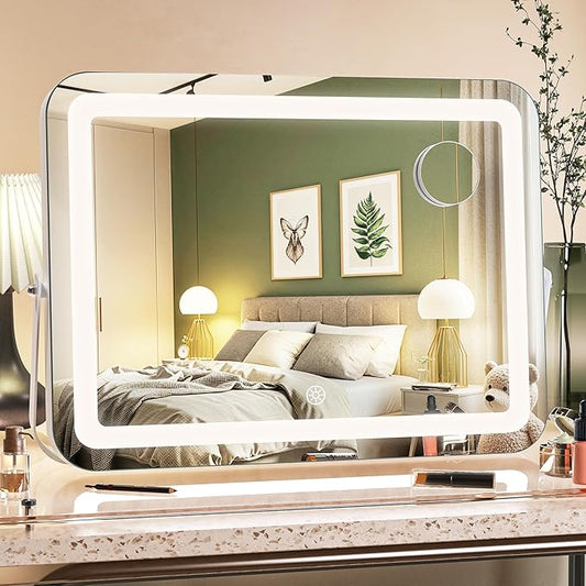 MINISO Vanity Mirror with Lights, 16" x 12" LED Makeup Mirror, Light & Brightness Adjustment, Smart Sensor, 360°Rotation, Aluminum Alloy Metal White Frame, with 5X Magnifying Glass