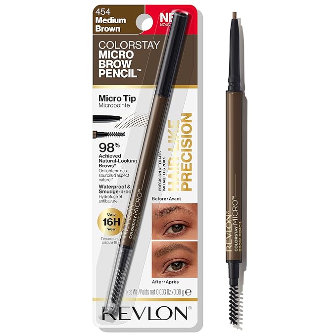 Revlon ColorStay Micro Eyebrow Pencil with Built In Spoolie Brush, Infused with Argan and Marula Oil, Waterproof, Smudgeproof, 454 Medium Brown, 0.003 oz