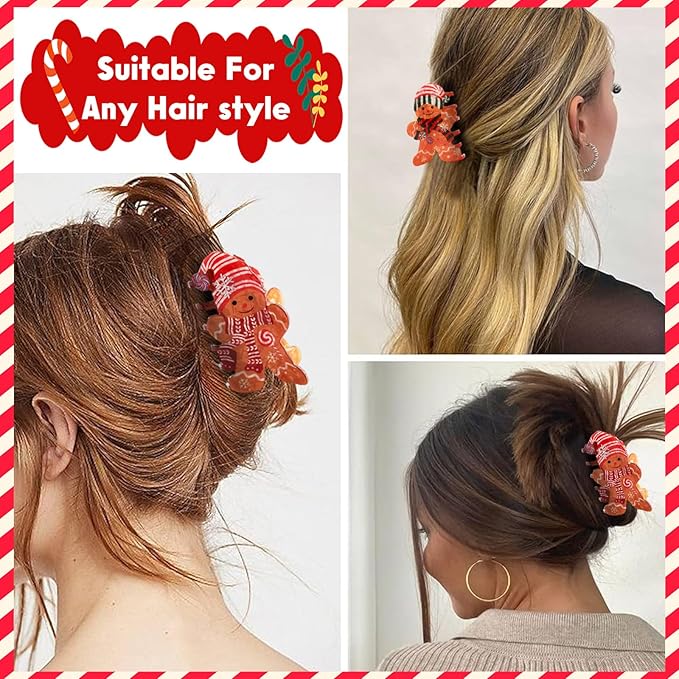 2Pcs Christmas Hair Clips for Women - Cute Funny Gingerbread Doll Hair Claw Clips Christmas Claw Clip Non-Slip Hair Claw for Thick Hair and Thin Hair Winter Xmas Party Hair Decoration Supplies