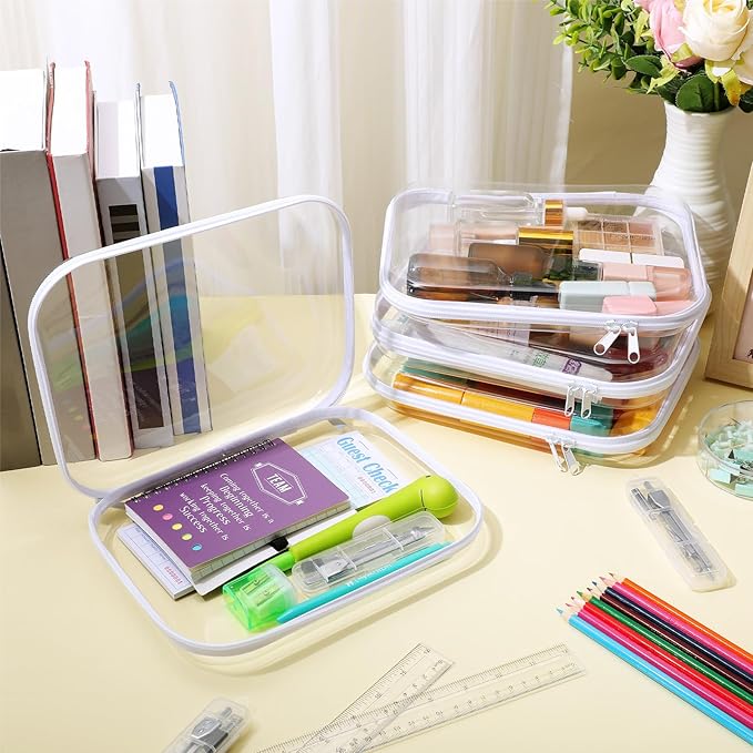 Hoolerry 4 Pcs Hard Clear Zipper Case Makeup Bags Plastic Pencil Pouch Transparent Storage Box Containers for Cosmetics, Snacks, Building Blocks, Puzzles(White,9.8 x 7.9 x 2 in)