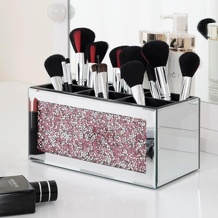 SHYFOY Mirrored Makeup Brush Holder Organizer with Pink Crushed Diamond, 6 Slots Glass Makeup Cosmetics Brushes Organizers and Storage for Vanity Countertop