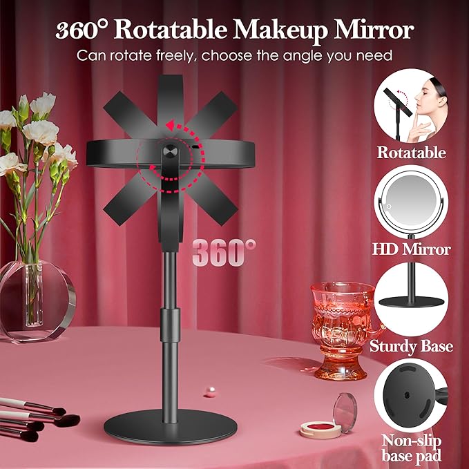 Led Makeup Mirror with Lights, 20X Magnifying Mirror, Rechargeable Magnified Makeup Mirror with 360°Rotation & Height Adjustable, Detachable Vanity Mirror(Black)