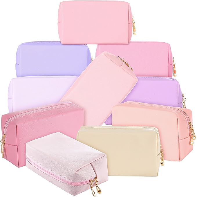 Sanwuta 9 Pcs Makeup Bags Bulk PU Double Zippers Cosmetic Bag Makeup Toiletry Pouch Portable Travel Organizers Case for Women Bachelorette Party End of The Year Bridesmaid Gift(Pink Purple Series)