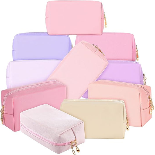 Sanwuta 9 Pcs Makeup Bags Bulk PU Double Zippers Cosmetic Bag Makeup Toiletry Pouch Portable Travel Organizers Case for Women Bachelorette Party End of The Year Bridesmaid Gift(Pink Purple Series)