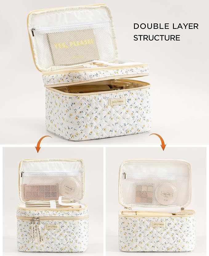 HBselect 2Pcs Travel Makeup Bag, Large Cotton Quilted Makeup Bag Cosmetic Bag Cute Make up Bag Toiletry Bags for Women Girls