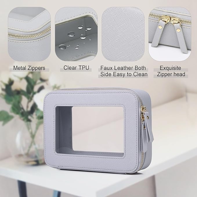 Pinkmik Clear Makeup Bag for Women Waterproof Travel Cosmetics and Toiletries Case Portable Makeup Oaganizer Bag Clear Car Bag with Zipper (Gray, M)