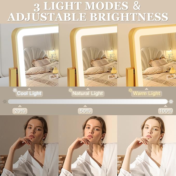 Gold Vanity Mirror with Lights, 14"×12" LED Makeup Mirror, Lighted Makeup Mirror with Lights, Smart Touch Control 3 Colors Dimmable, Lighted Up Mirror for Makeup Desk, 360° Rotation