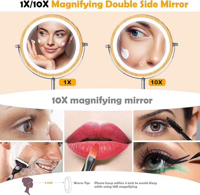 8" Lighted Makeup Mirror with Bamboo Stand, 1X/10X Double Sided Magnifying Vanity Mirror with Lights, 3 Colors Dimmable Lightning, Gifts for Women Mom Teen Girls
