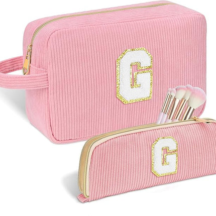 Personalized Initial Makeup Bag Trendy Stuff Corduroy Cosmetic Bag Travel Toiletry Bag, Valentine’s Day Gift Makeup Organizer Case & Makeup Pouch for Women teen Girls Mom Girlfriend Wife