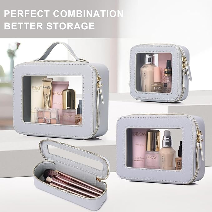 Pinkmik Clear Makeup Bag for Women Waterproof Travel Cosmetics and Toiletries Case Portable Makeup Oaganizer Bag Clear Car Bag with Zipper (Gray, M)