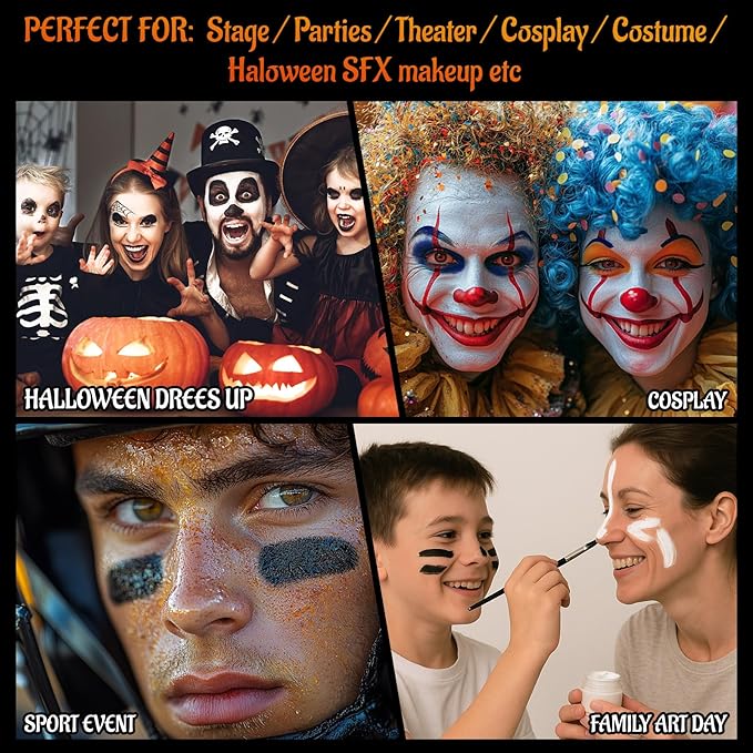 White Green Purple Face Body Paint with Applicator, Oil Based Face Painting Kit for Halloween Dark Fairy, Evil Queen Makeup, Facepaints for Witch Monster Costume, Cosplay, Dress Up