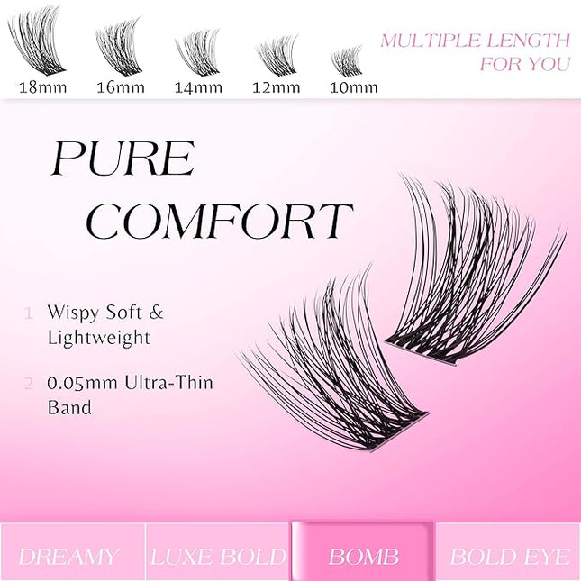 VEYESBEAUTY Lash Clusters Individual Eyelash Extensions Thin & Invisible Band DIY False Eyelashes for Self-application Newbie's Five-Second Series Wispy Lash Tray, Bomb 16mm Single Length