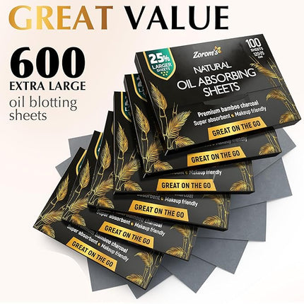 Natural Oil Blotting Sheets for Face with Bamboo Charcoal - 25% Larger - 6pk/600 Makeup Friendly Oil Absorbing Sheets for Face - Easy Dispensing Blotting Papers - Perfect for Keeping in Purse