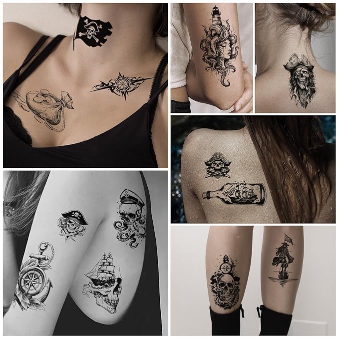 77 Sheets Pirate Temporary Tattoos Adult,Captain Anchor Compass Sailboat Tattoos, Pirate Ships Flag Skull Crossbones Sailor Fake Tattoo for Costume, Halloween Fake Arm Tattoos for Men Women Kids