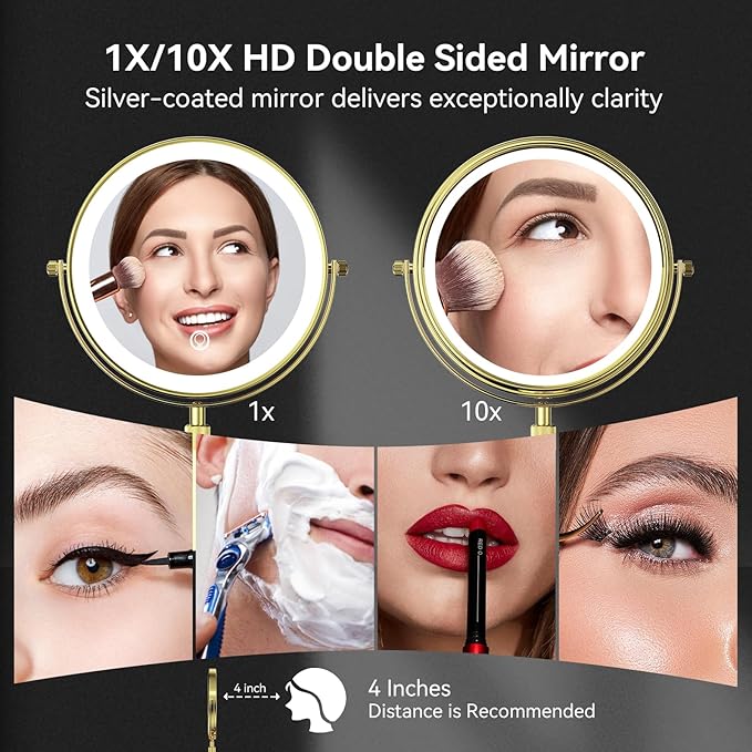 Nicesail 8” Rechargeable LED Magnifying Makeup Mirror with 3 Color Lights and 10X Magnification, Height Adjustable Stand up Lighted Magnifying Mirror, Double Sided 360°Rotation, Shiny Gold Finish