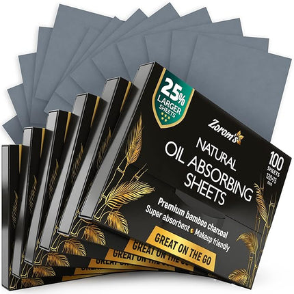 Natural Oil Blotting Sheets for Face with Bamboo Charcoal - 25% Larger - 6pk/600 Makeup Friendly Oil Absorbing Sheets for Face - Easy Dispensing Blotting Papers - Perfect for Keeping in Purse