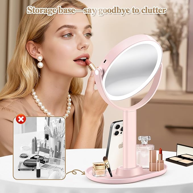 Makeup Mirror with Lights, Double Sided 1x/30x Magnifying Mirror with Light, Rechargeable 3 Color Lights and Adjustable Brightness, 360° Rotation Detachable Comes with Tweezer(Pink 30X)