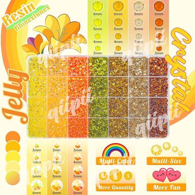 28 Types Yellow Jelly Resin Rhinestones w B7000 Jewelry Glue for Bedazzling Crafting 3mm-6mm Flatback Colorful Orange Stones Gems Diamonds for Face Eyes Makeup DIY Crafts Tumblers Bottles Shoes