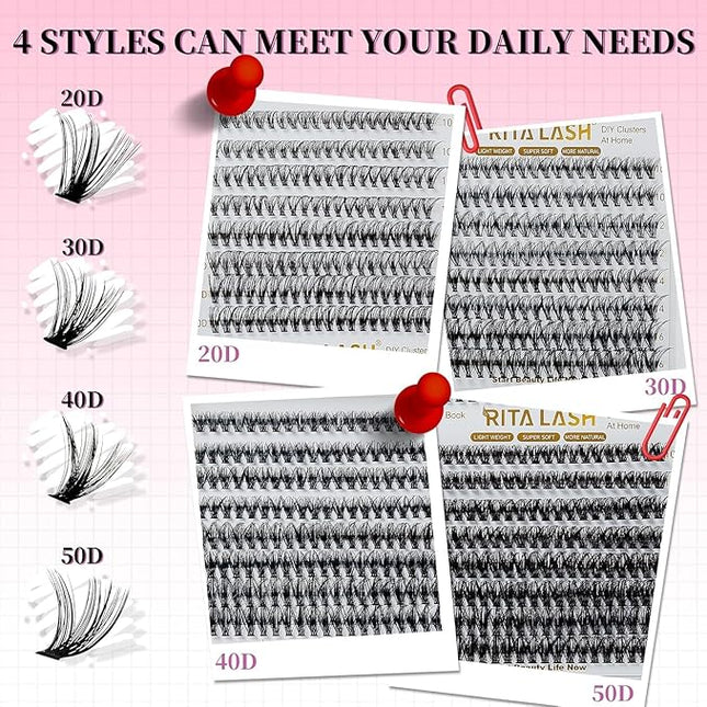 Lash Clusters 640PCS 4 Style DIY Cluster Lashes Clusters Eyelash Extensions False Eyelashes Individual Lashes Wispy Lash Extension Natural Look(20D+30D+40D+50D Cluster Lashes,10-16mm)